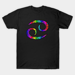 Cancer Zodiac Horoscope Symbol in Dark Rainbow Leopard Print T-Shirt